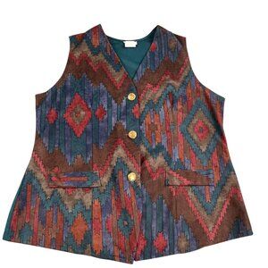 Vintage Ilyza New York Aztec Print Vest Womens Large USA Made Boho Cottage Core